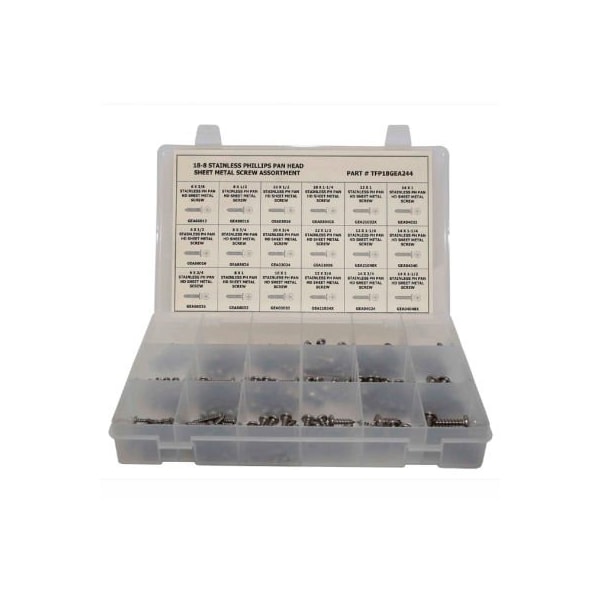 244 Piece Sheet Metal (Tapping) Screw Assortment - No 6 to No 14 - Phillips Pan Head - 304 SS